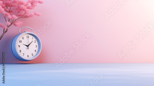 Clock on the floor with bright white background in pink pastel colors. Minimal creative concept. 3d illustration
