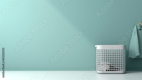 A basket of white laundry on mint background. Mockup for washing baby clothes with copy space.  photo