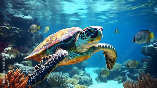 turtle swimming with colorful coral underwater in ocean