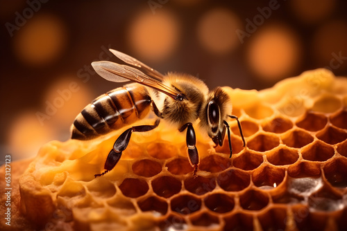 Macro photo of working bees on honeycombs. honey bees on honeycomb in apiary in summertime © Fiva