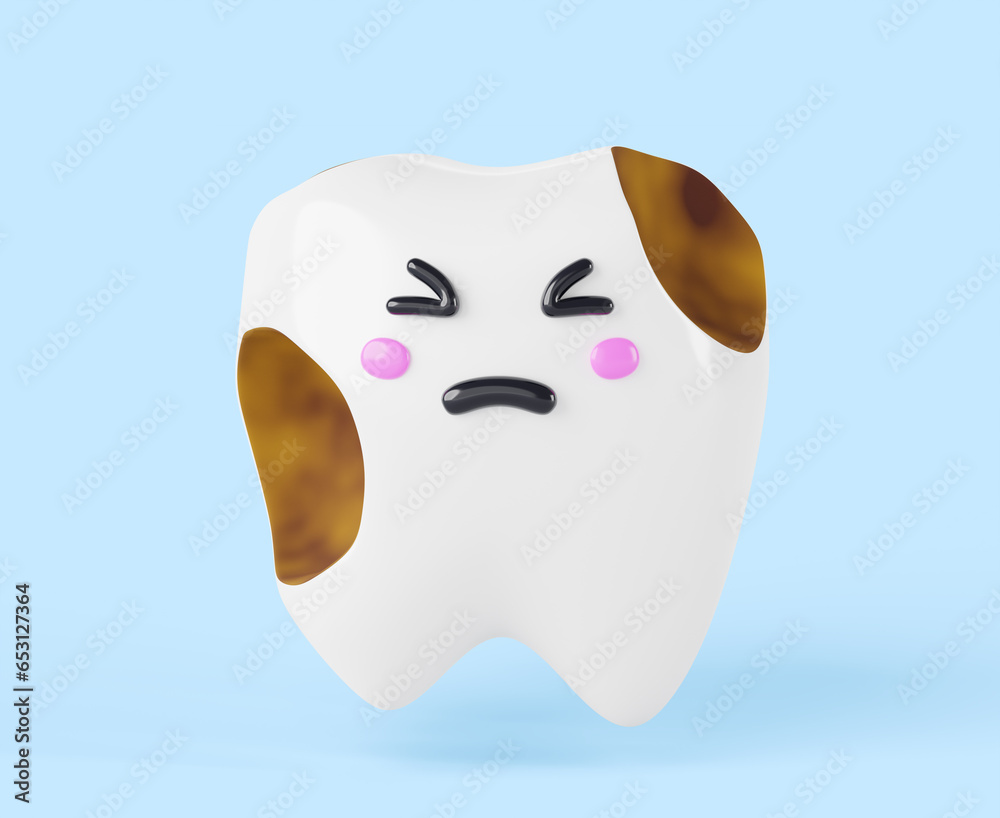 Teeth cartoon kawaii character with dental plaque, tartar or enamel caries 3d render icon. Dirty sad baby tooth with toothache on blue background, treatment and clearing oral cavity. 3D illustration