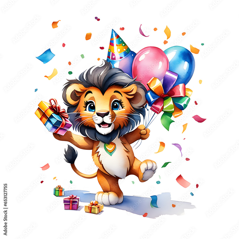 Cute lion is holding birthday gift and Colorful balloons, confetti in background., Watercolor illustration for Greeting card, poster, banner. AI generated. Cute lion is holding birthday gift and Colorful balloons, confetti in background., Watercolor illustration for Greeting card, poster, banner. AI generated.