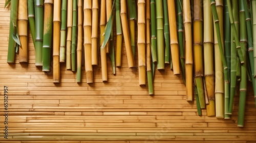 Green bamboo on bamboo wall background. Space for text