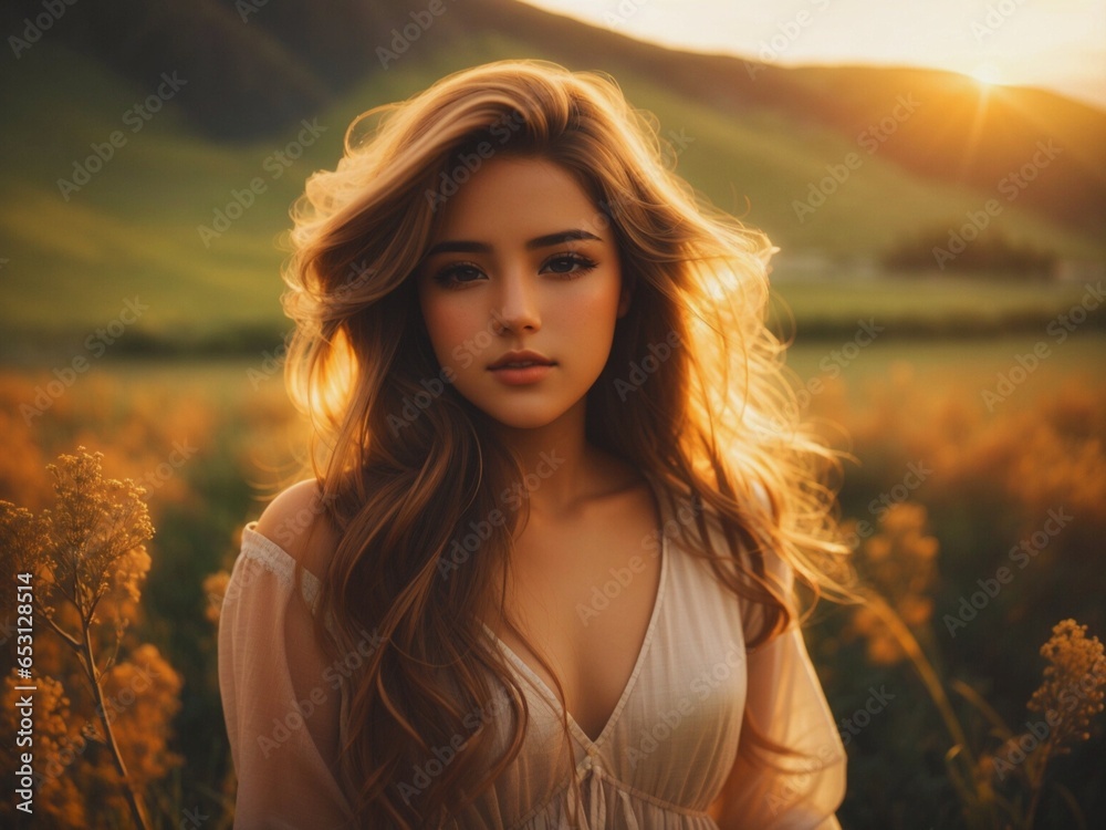 Fototapeta premium young lovely woman in at sunset.
