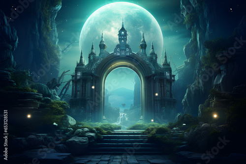 Mysterious Entrance portal to Fantasy world,Magic stone gate,Ancient ruins,Passage to another world,The door to an alien world,Fantasy night landscape with magical power,Fairy-tale scene,3D art.