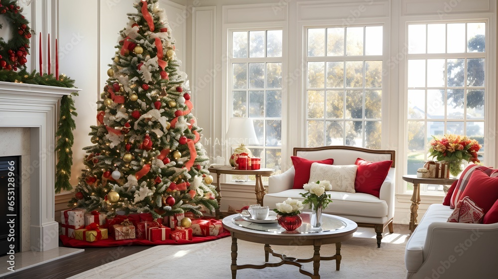 Christmas room interior design. Bright living room adorned with festive Christmas decorations. hyper-realistic photography.  Generative AI