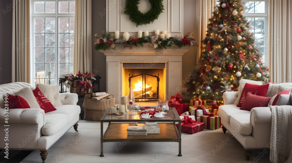 Christmas room interior design. Bright living room adorned with festive Christmas decorations. hyper-realistic photography.  Generative AI