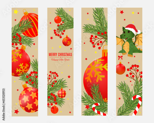 Set of vector banners, bookmarks. Happy New Year concept with christmas tree branches, green dragon and balls.