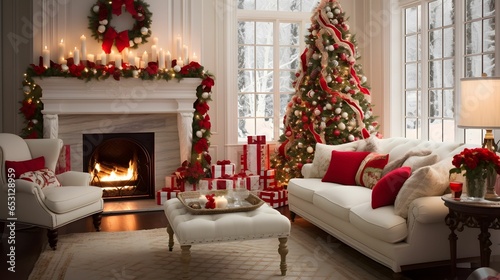 Christmas room interior design. Bright living room adorned with festive Christmas decorations. hyper-realistic photography. Generative AI