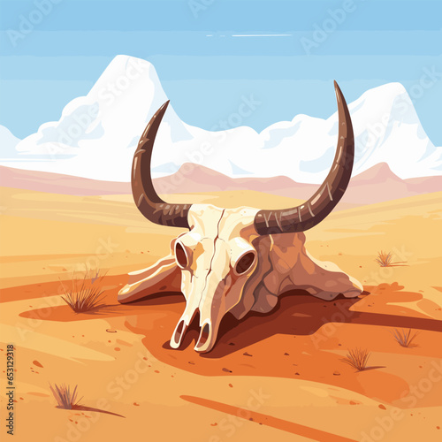 Cow skull in the desert at the hot sunny day, vector