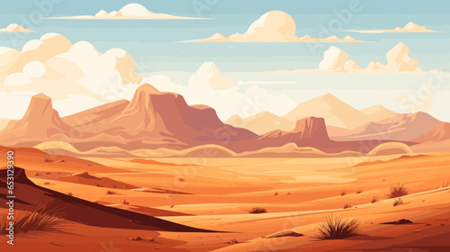 Desert sandy and rocky landscape, sunny day. Desert dunes vector background. © baobabay