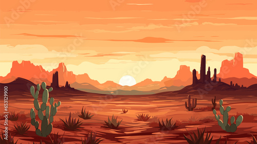 Desert sandy landscape with cactuses  sunset. Desert dunes vector background.