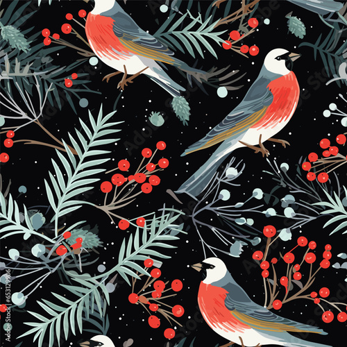 Seamless pattern with winter bullfinches. Design for card, fabric, print, greeting, cloth, poster, clothes, textile. 
