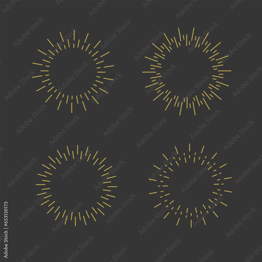 Fototapeta premium Sunburst boho style. Bursting rays line icon set. Sun Lights, vintage frames. Vector illustration on black background