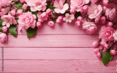 Pink wooden background with pink rose floral decoration with empty space for text or product