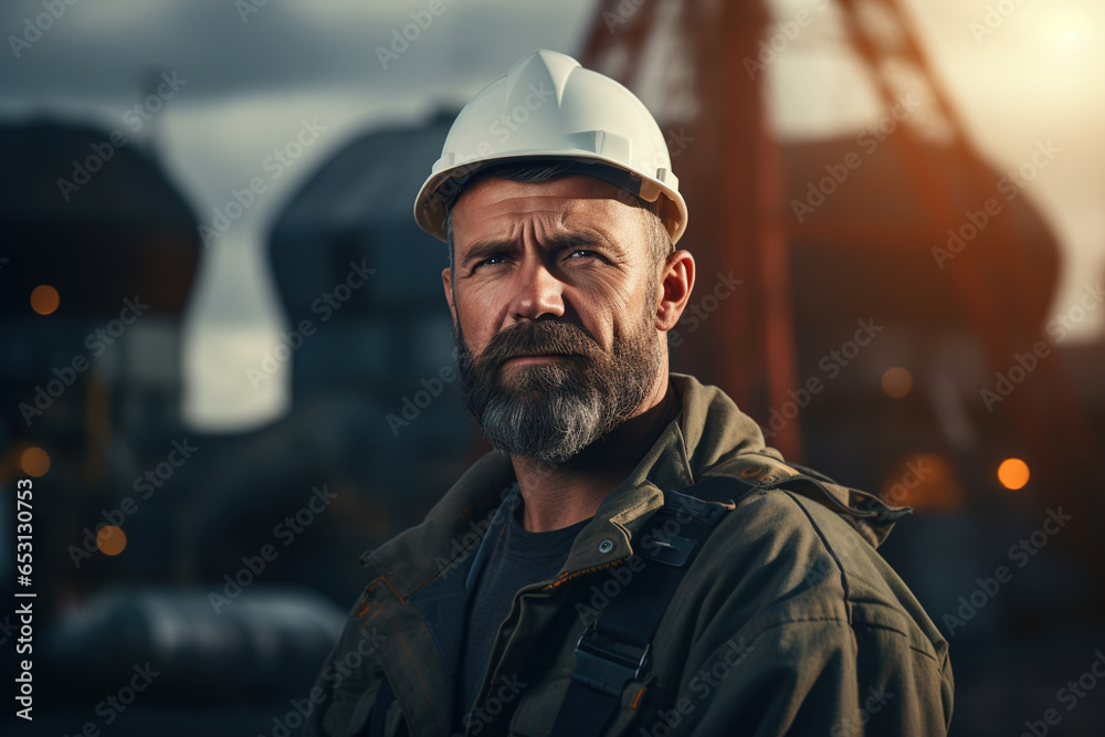 Portrait of a serious concentrated adult man wearing a hard hat against the backdrop of an industrial factory outdoors and looking away - obrazy, fototapety, plakaty 