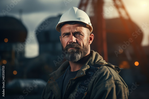 Portrait of a serious concentrated adult man wearing a hard hat against the backdrop of an industrial factory outdoors and looking away photo