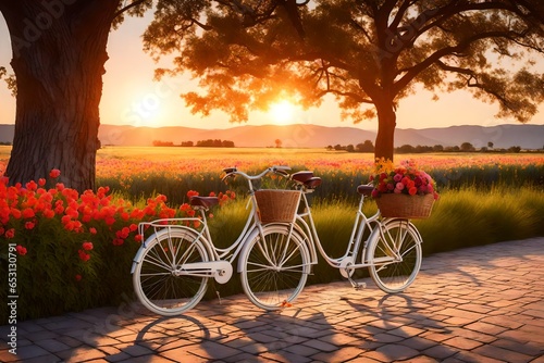 The Serenity of a Breathtaking Landscape at Sunset, Featuring a Colorful Bicycle with a Flower Basket as the Focal Point. An Image that Radiates the Peace and Beauty of the Golden Hour