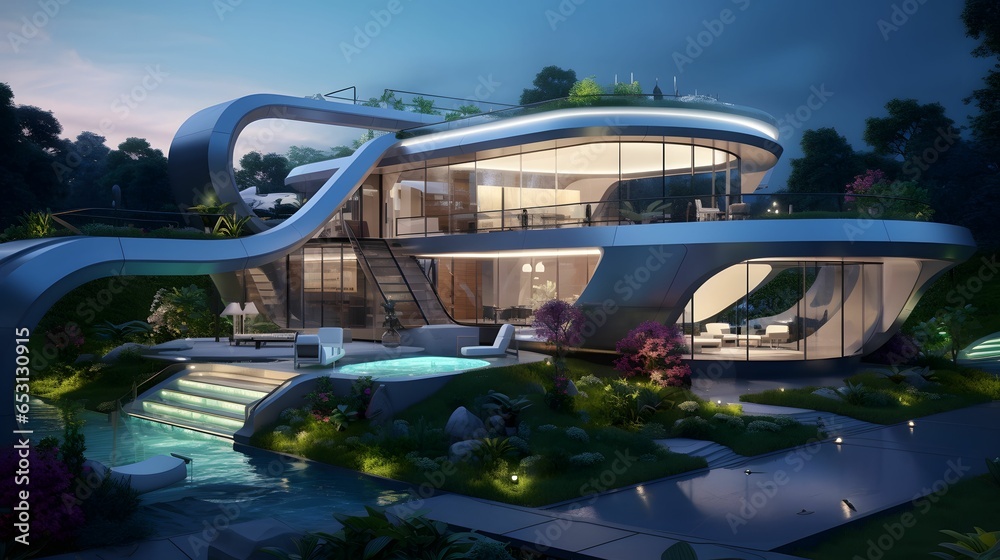 Futuristic house. Features high-tech labs, plants. Generative AI Futuristic house. Features high-tech labs, plants. Generative AI