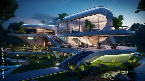 Futuristic house. Features high-tech labs, plants. Generative AI