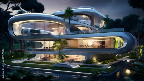 Futuristic house. Features high-tech labs  plants. Generative AI