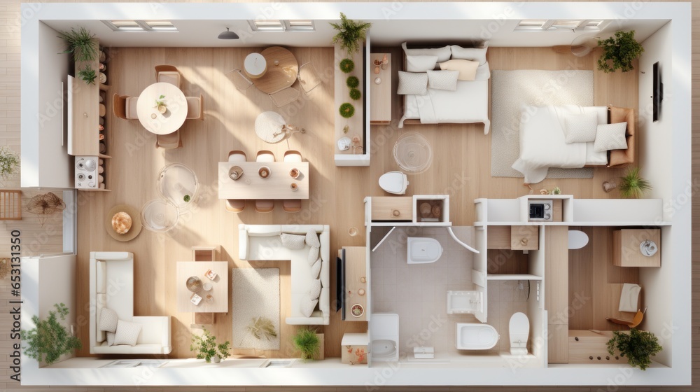 Top view layout plan of modern home. Architectural floor plans of fully furnished apartment or house - obrazy, fototapety, plakaty 