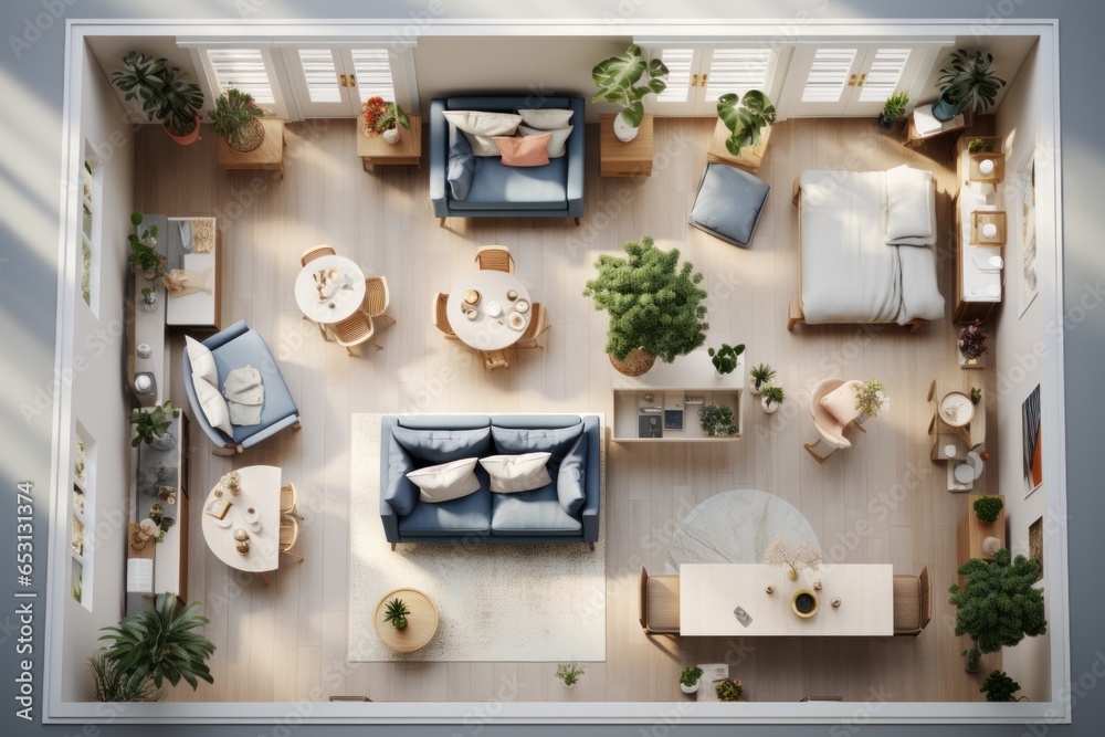 Top view layout plan of modern home. Architectural floor plans of fully furnished apartment or house