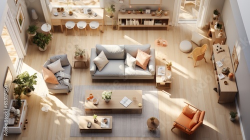 Top view layout plan of modern home. Architectural floor plans of fully furnished apartment or house