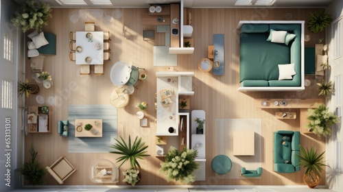 Top view layout plan of modern home. Architectural floor plans of fully furnished apartment or house