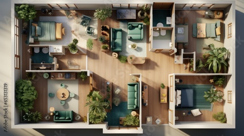 Top view layout plan of modern home. Architectural floor plans of fully furnished apartment or house