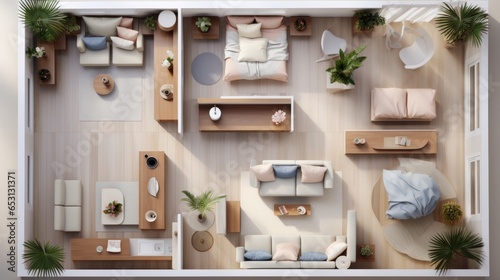 Top view layout plan of modern home. Architectural floor plans of fully furnished apartment or house