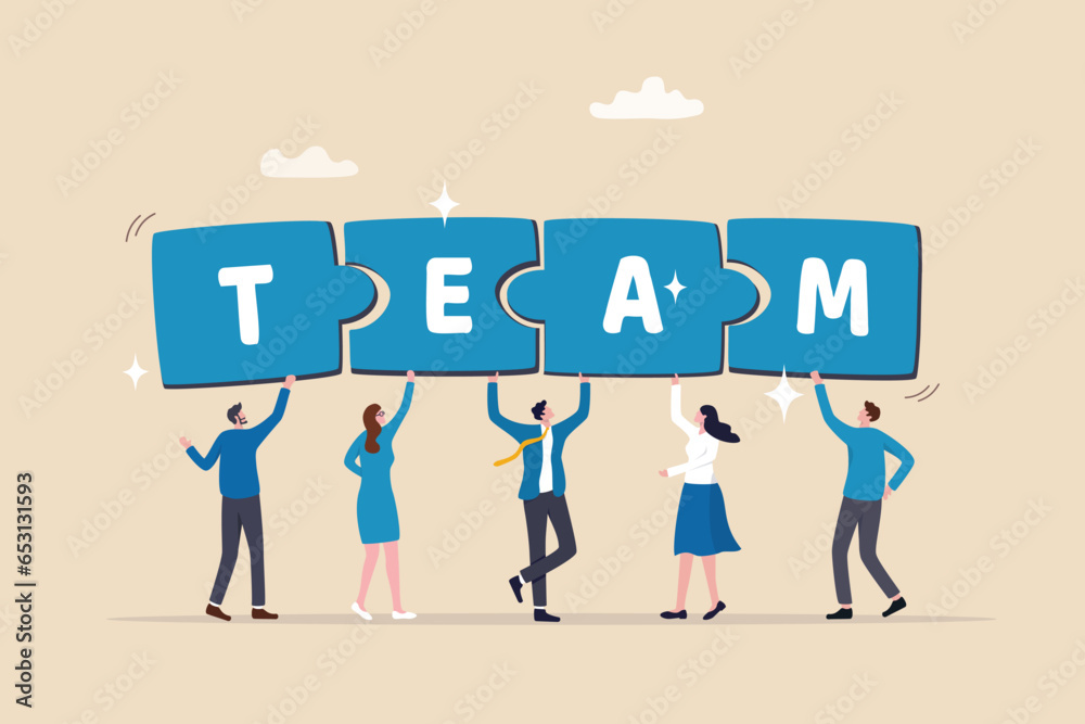 Team puzzle jigsaw connect, teamwork solving problem or cooperation for team success, collaboration idea, colleague work together concept, business people coworker help connect team jigsaw. - obrazy, fototapety, plakaty 