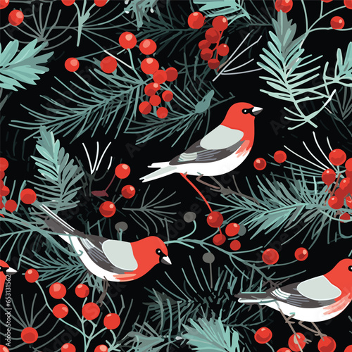 Seamless pattern with winter bullfinches. Design for card, fabric, print, greeting, cloth, poster, clothes, textile.
