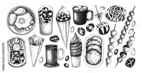 Traditional European Christmas market food sketches collection. Fast food menu design elements. Vintage hand-drawn vector illustration. Bakery, pastry, sweets, grilled meat, hot drinks sketches.