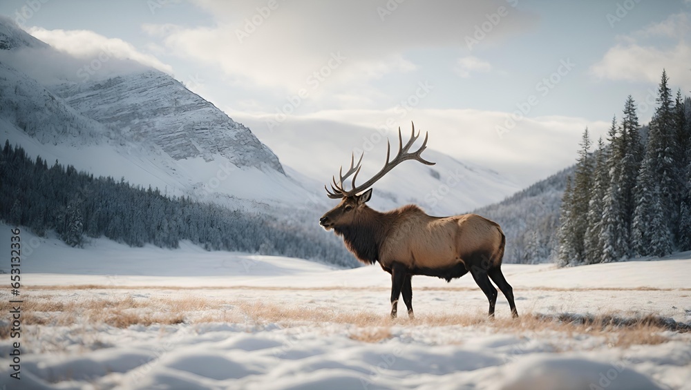 A majestic elk gracefully walking through  a winter