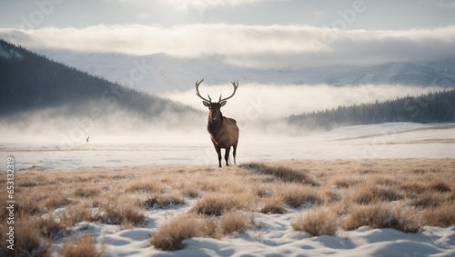 A majestic elk gracefully walking through  a winter photo