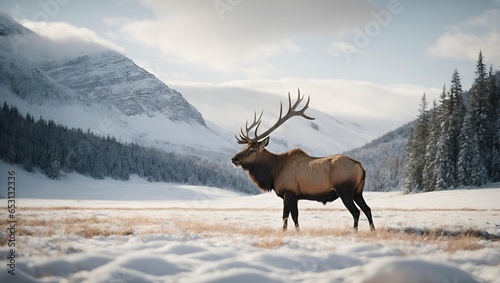 A majestic elk gracefully walking through a winter