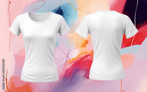Woman Blank Tshirt Mockup, Clean White Unisex Fashion Shirt, Women Grey T-shirt Outfit Template, Realistic Front Back 3D Clothes, Female Cloth on Colorful Background