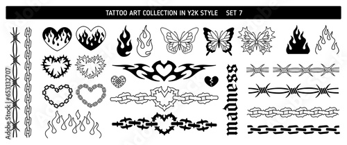 Y2k Tattoo Art design in 2000s style set 7. Y2k Line art tattoo stickers. Fire, Heart chain, Butterfly, Heart fire, Flame. Barbed wire and chain fram tattoo frame elements . Vector tattoo prints dsgn 
