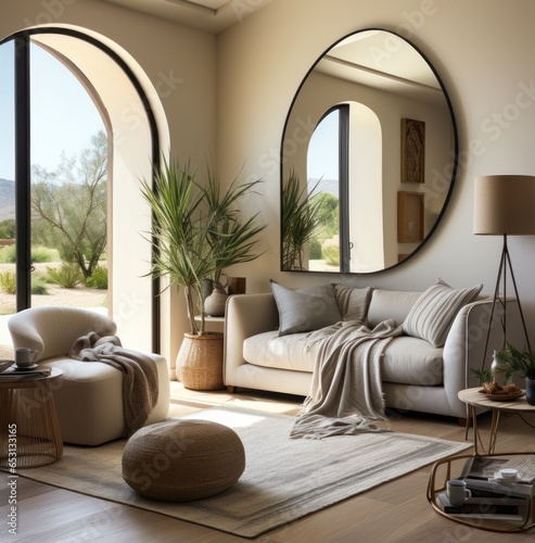 Arched window and mirror in luxurious villa and renovated home. Interior design with creamy colors and mirrors