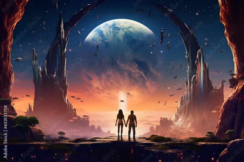 Fantasy landscape with an alien planet and a pair of lovers,Ancient temple, moon and stars,Man and a woman on the background of the planet, Digital vector painting. - obrazy, fototapety, plakaty 