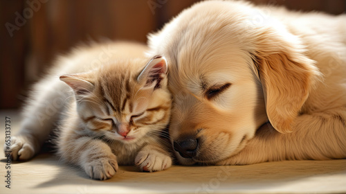 Adorable puppy and kitten lying together in a loving embrace © Ziyan Yang