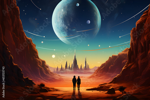 Fantasy landscape with an alien planet and a pair of lovers,Ancient temple, moon and stars,Man and a woman on the background of the planet, Digital vector painting.