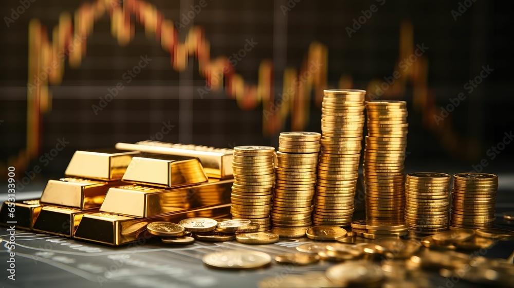 Gold bars and piles of gold coins. Financial trading charts. Financial investment business concept. Generative AI Gold bars and piles of gold coins. Financial trading charts. Financial investment business concept. Generative AI