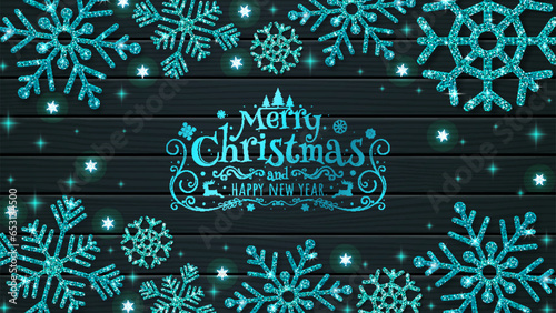 Christmas banner with shiny blue snowflakes on wooden plank background. Vector illustration