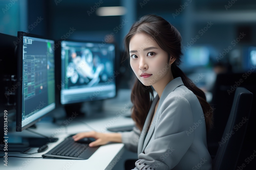Portrait of Asain Female Graphic Designer Sitting on the Desk, Confident Woman Works on Her Ofiice, Beautiful Content Creator Looking on Camera Portrait of Asain Female Graphic Designer Sitting on the Desk, Confident Woman Works on Her Ofiice, Beautiful Content Creator Looking on Camera