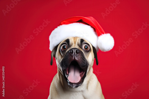 Shocked dog wearing a Santa Claus hat on a red background