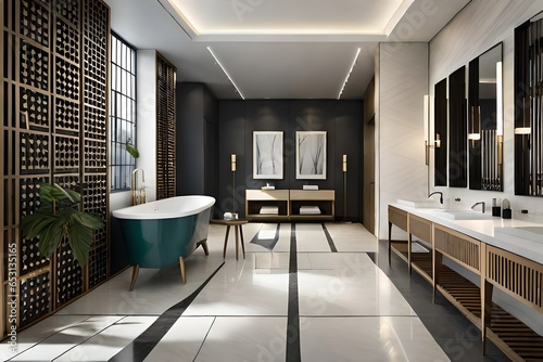 Create a visual representation of a luxurious bathroom with sleek black ceramic tiles showcasing stunning stone-inspired patterns on the walls and floor  complemented by top-of-the-line accessories  R