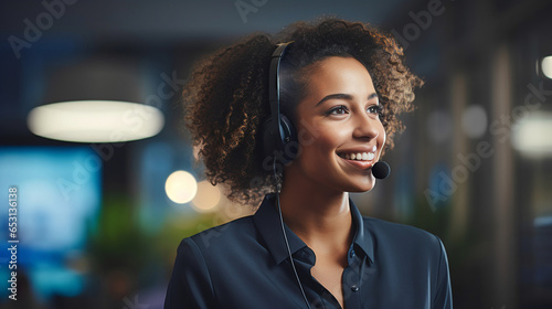 Customer service representative with curly hair. Young woman working as a call center operator, wearing headphones and holding a microphone