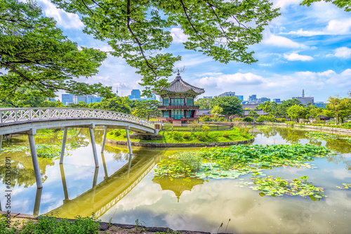 View of the water hall Hyangwonjeong with pool
Green in the palace. View of Gyeongbokgung Palace in summer, Seoul, South Korea.
A historical attraction popular with tourists and photographers.
